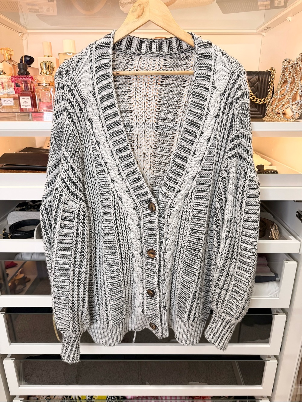Cozy Black & White Cable-Knit Button Cardigan Sweater